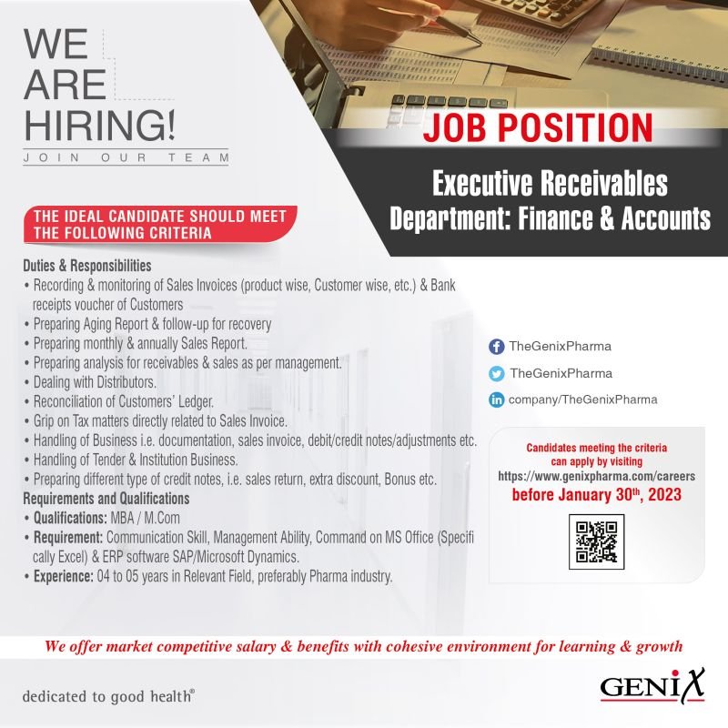 Genix Pharma Karachi Jobs For Executive Receivables