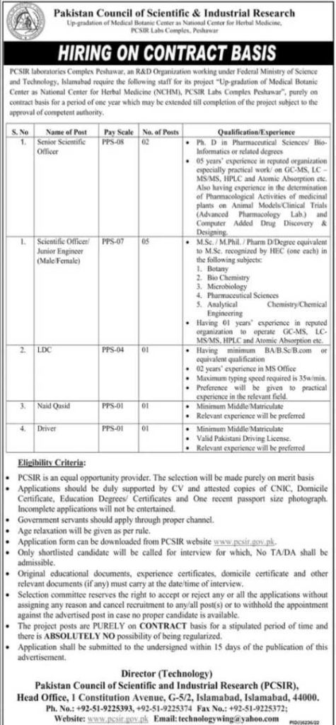 Multiple Jobs at PCSIR Laboratories Complex Peshawar 2023