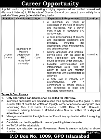 Director General Public Sector Job in Islamabad 2023