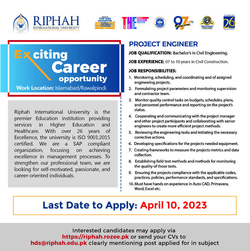 Civil Engineering Jobs Ripha University Islamabad April 2023