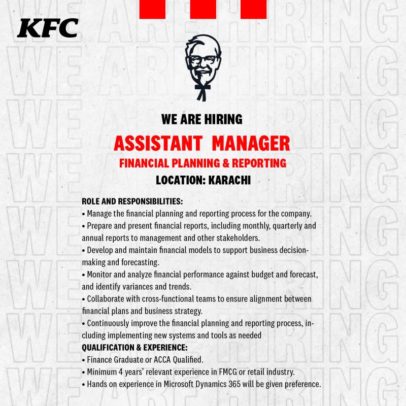 KFC Pakistan Jobs at Karachi for Assistant Manger Finance