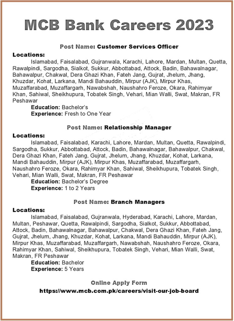 MCB Bank Jobs of Branch Managers and Relationship Managers