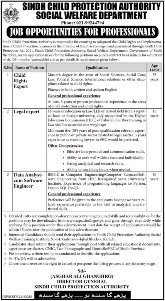 SCPA Social Welfare Department Sindh Jobs 2023