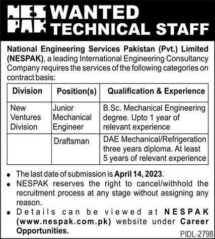 Machinal Engineering Jobs at NESPAK 2023 Lahore