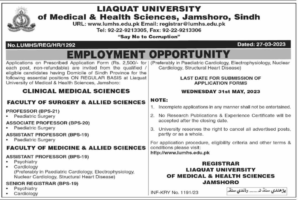 Professor Jobs at LUMHS Jamshoro Sindh 2023