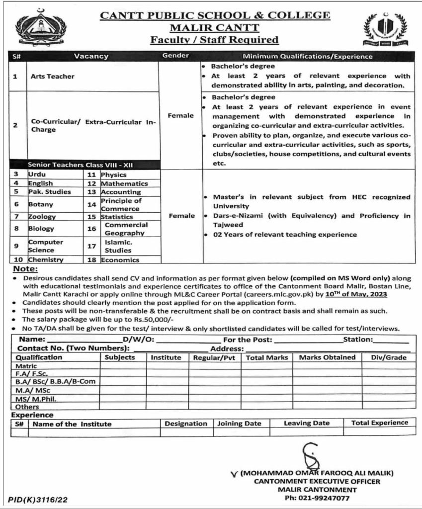 New Jobs at CB School & College Malir Cantt 2023