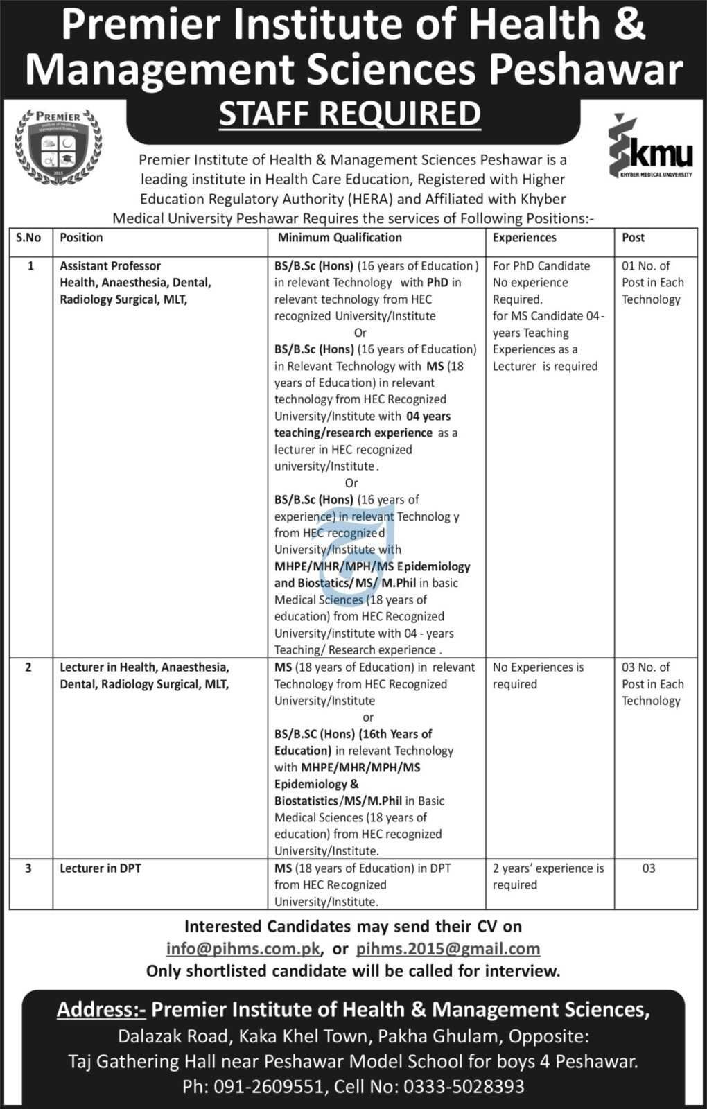 Jobs Announced at PIHMS Peshawar 2023