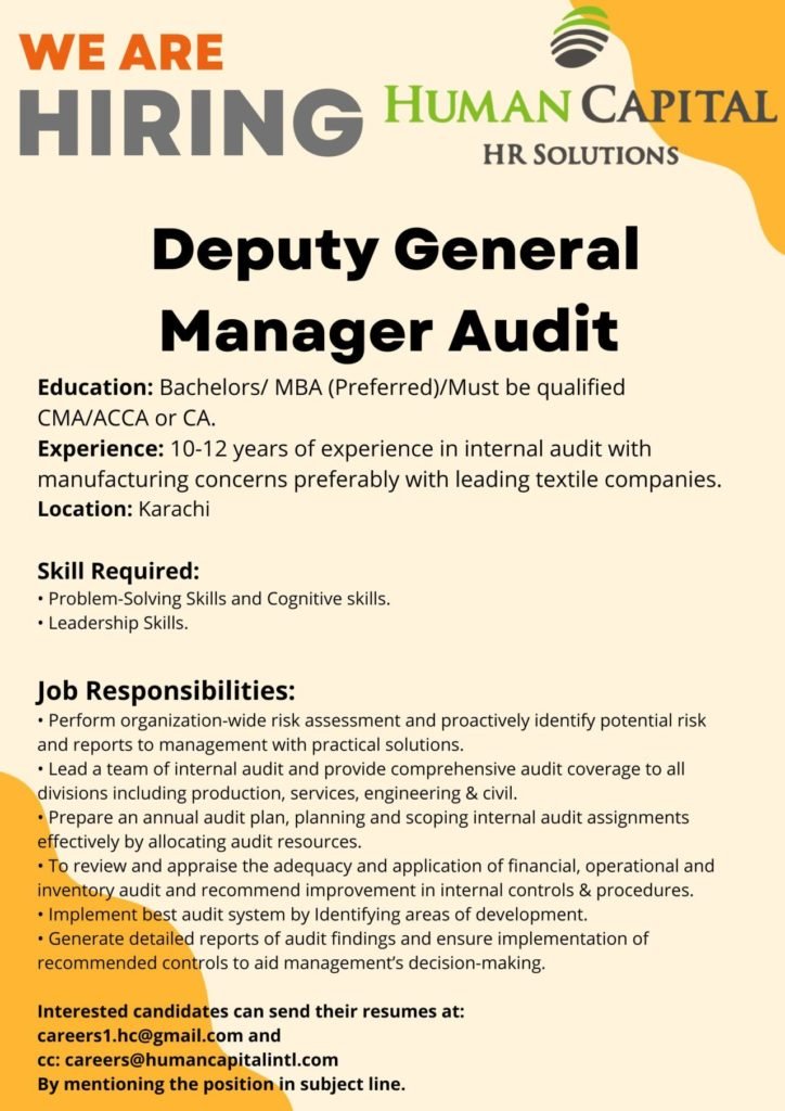 Deputy General Manager Audit Job at Human Capital HR Solution