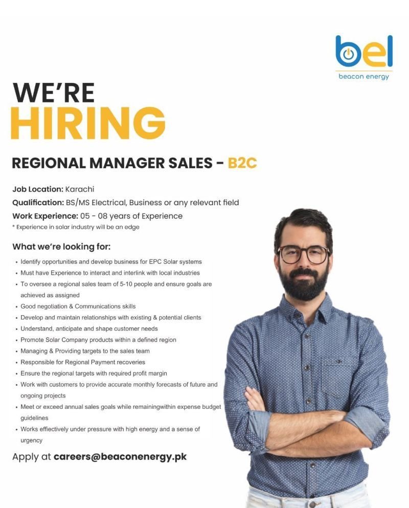 Regional Manager Sales Job at Beacon Energy in Karachi