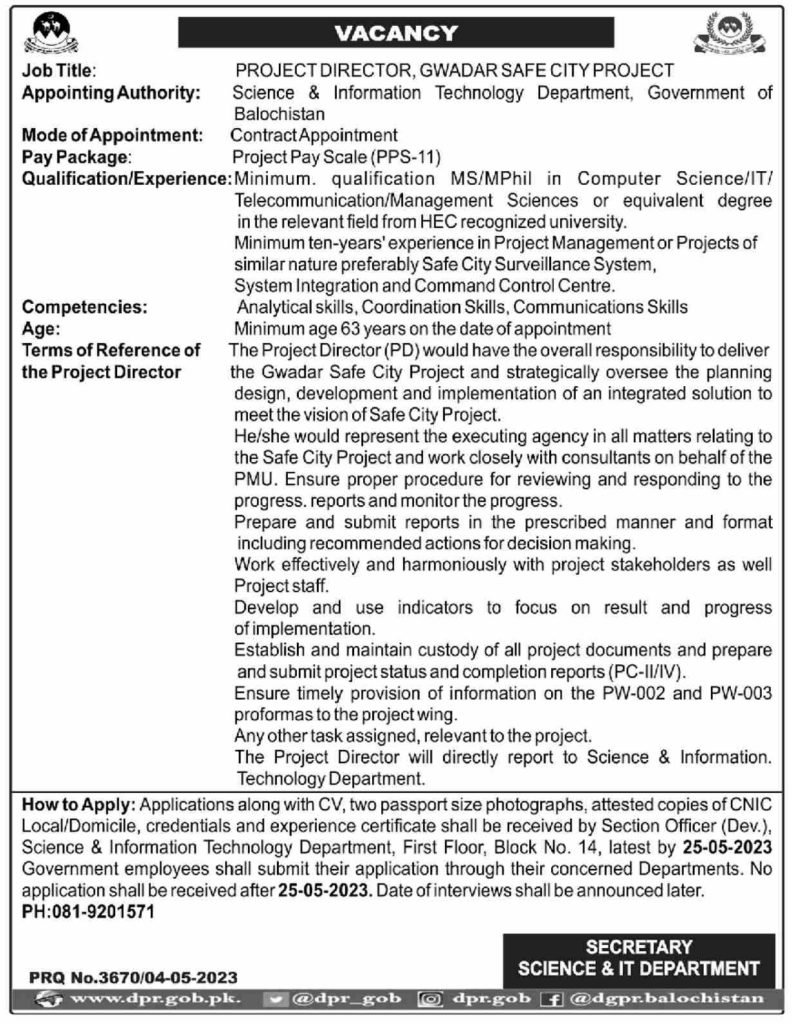 Position at Gwadar Safe City Project 2023