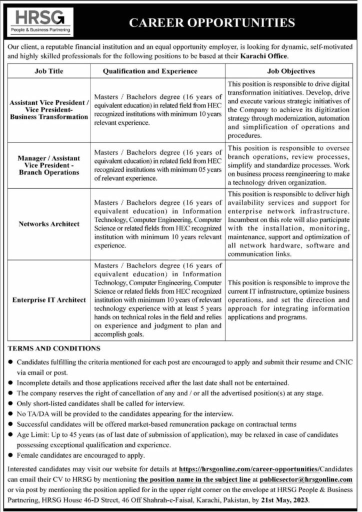 Jobs at HRSG Financial Institution Karachi 2023