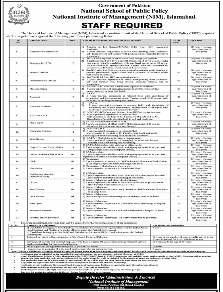 National Institute of Management NIM Islamabad Government Jobs for Primary to Masters Apply Now