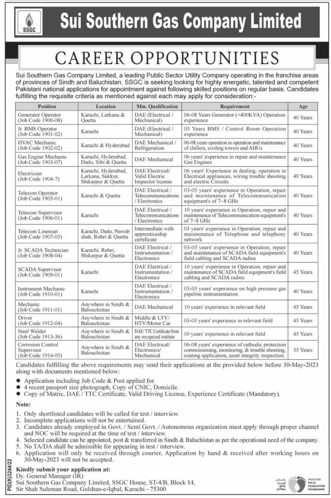 Sui Southern Gas Company Limited SNGPL Jobs for Middle to DAE/B Tech Diploma Apply Now