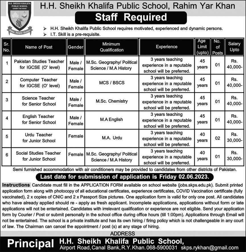 Jobs at HH Sheikh Khalifa Public School RYK 2023