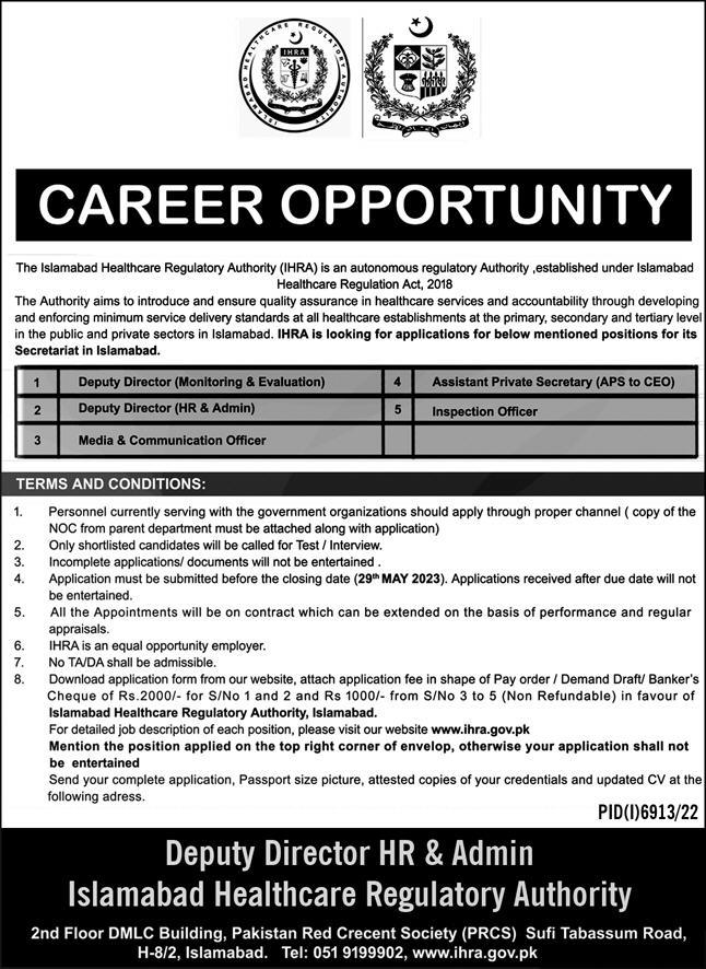 Islamabad Healthcare Regularity Authority (IHRA) Jobs Apply Now