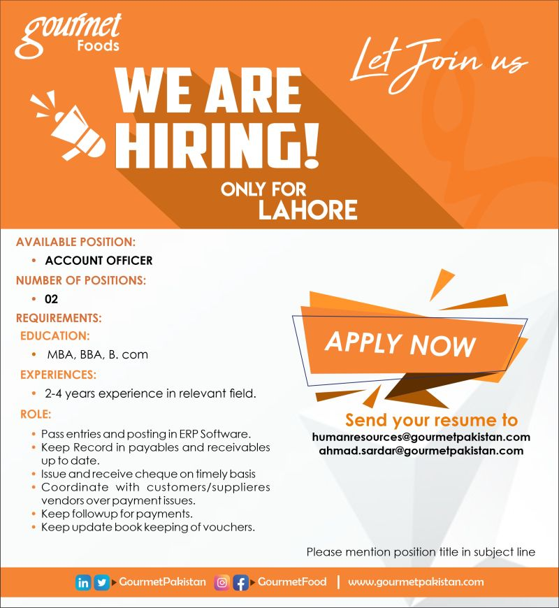 Gourmet Foods Lahore jobs for MBA, BBA & B. com Apply Now