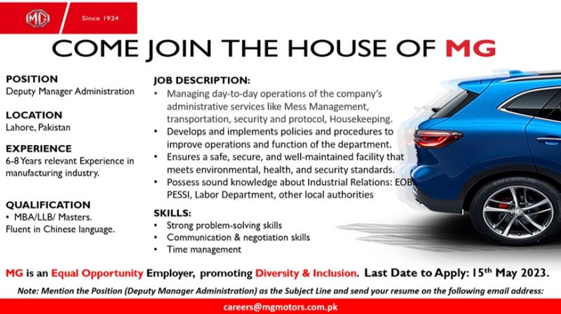 MG Motors Jobs in Lahore for MBA/LLB/Masters Apply Now