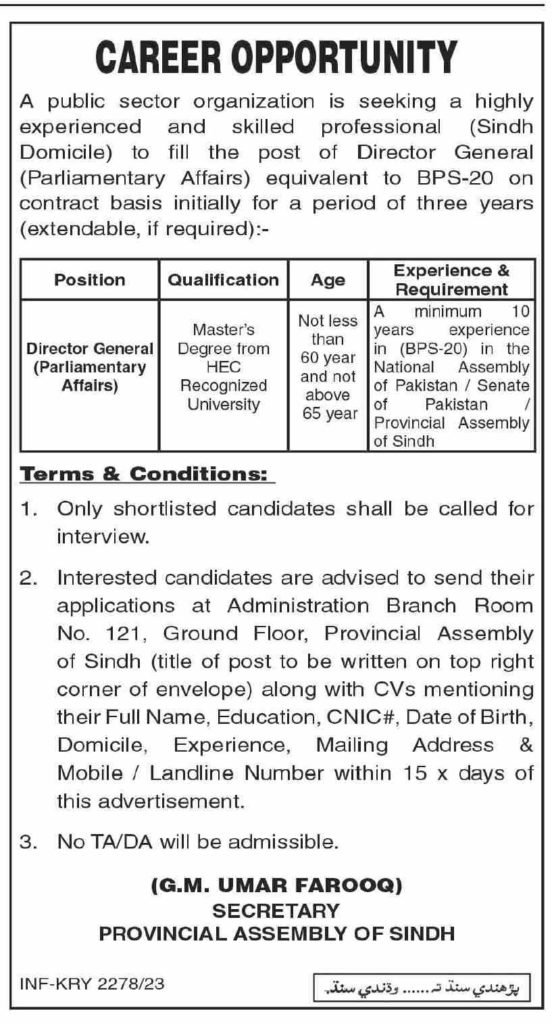 Position at Provincial Assembly Sindh 2023