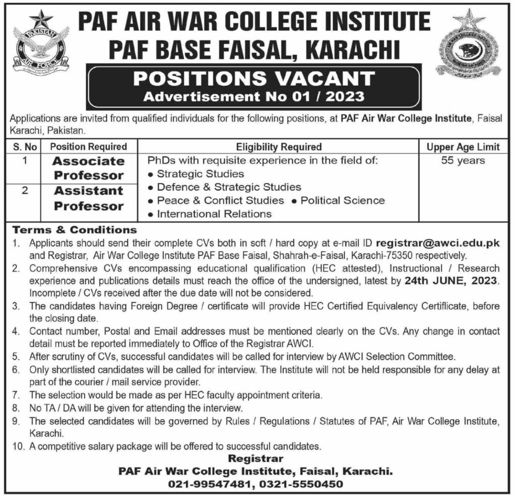 New Jobs at PAF Air War College Karachi 2023