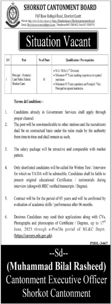 Position at Shorkot Cantonment Board 2023