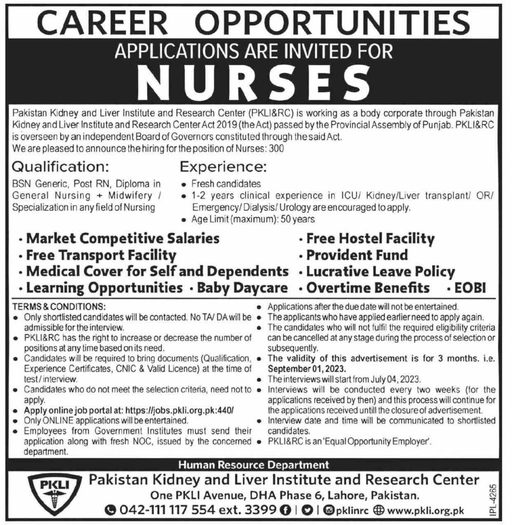 Nursing Jobs at Pakistan Kidney and Liver Institute (PKLI&RC) 2023