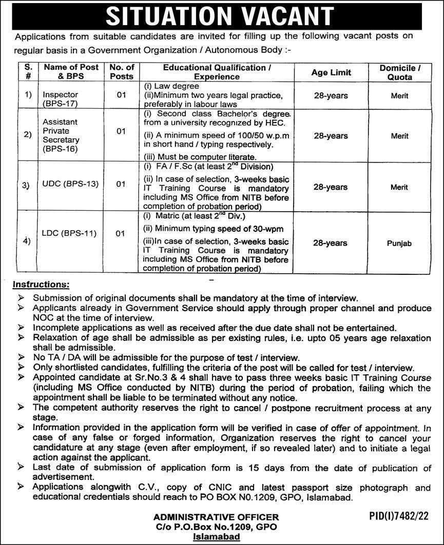 New Jobs at Government Organization Islamabad 2023