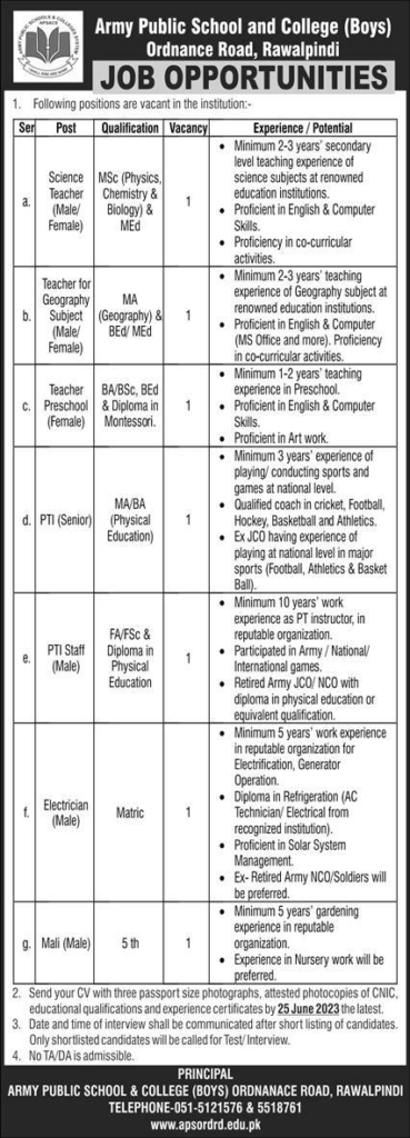 Army Public School and College, Rawalpindi Jobs June 2023