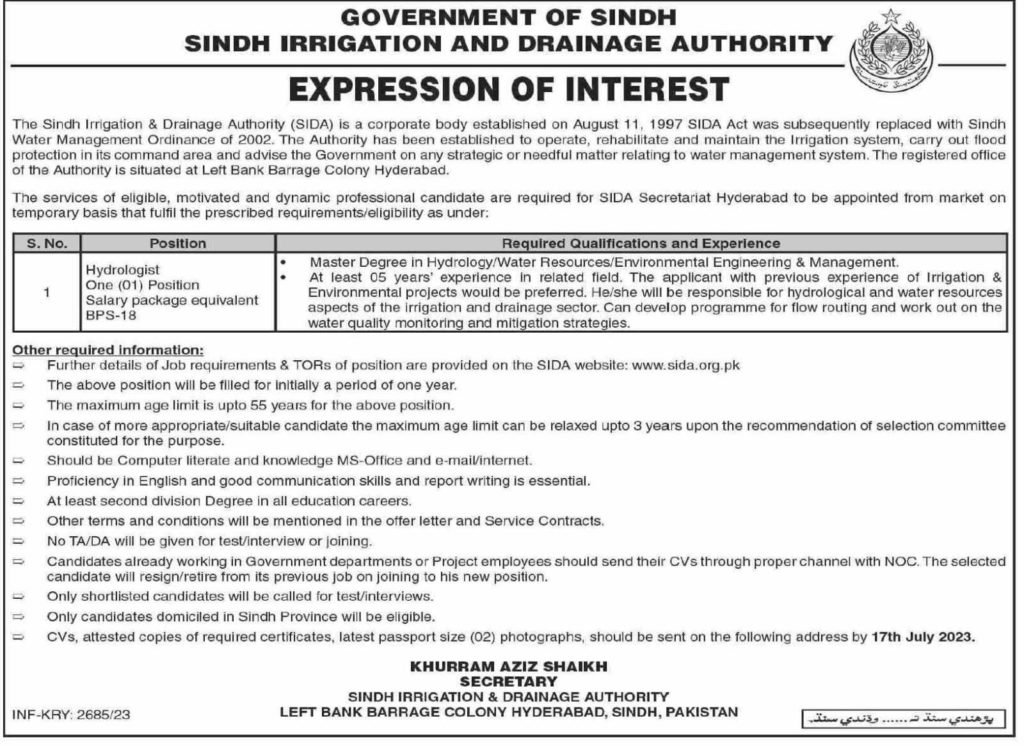 Job at Sindh Irrigation & Drainage Authority 2023