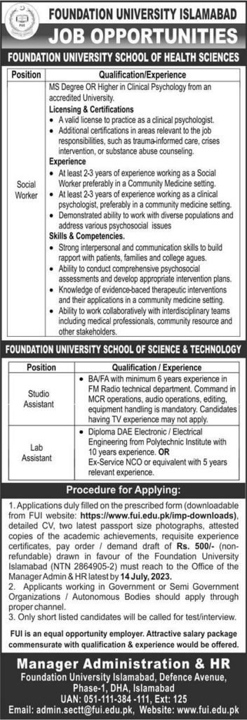 Foundation University Islamabad Jobs Opportunities July 2023 Apply Online Now