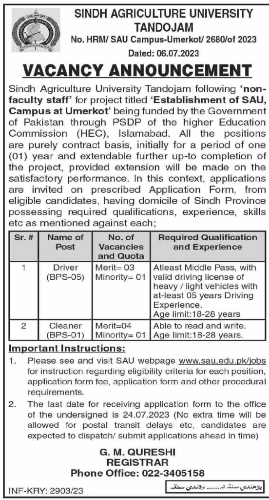 Sindh Agriculture University Jobs July 2023 for Middle/Matric Pass Apply Now