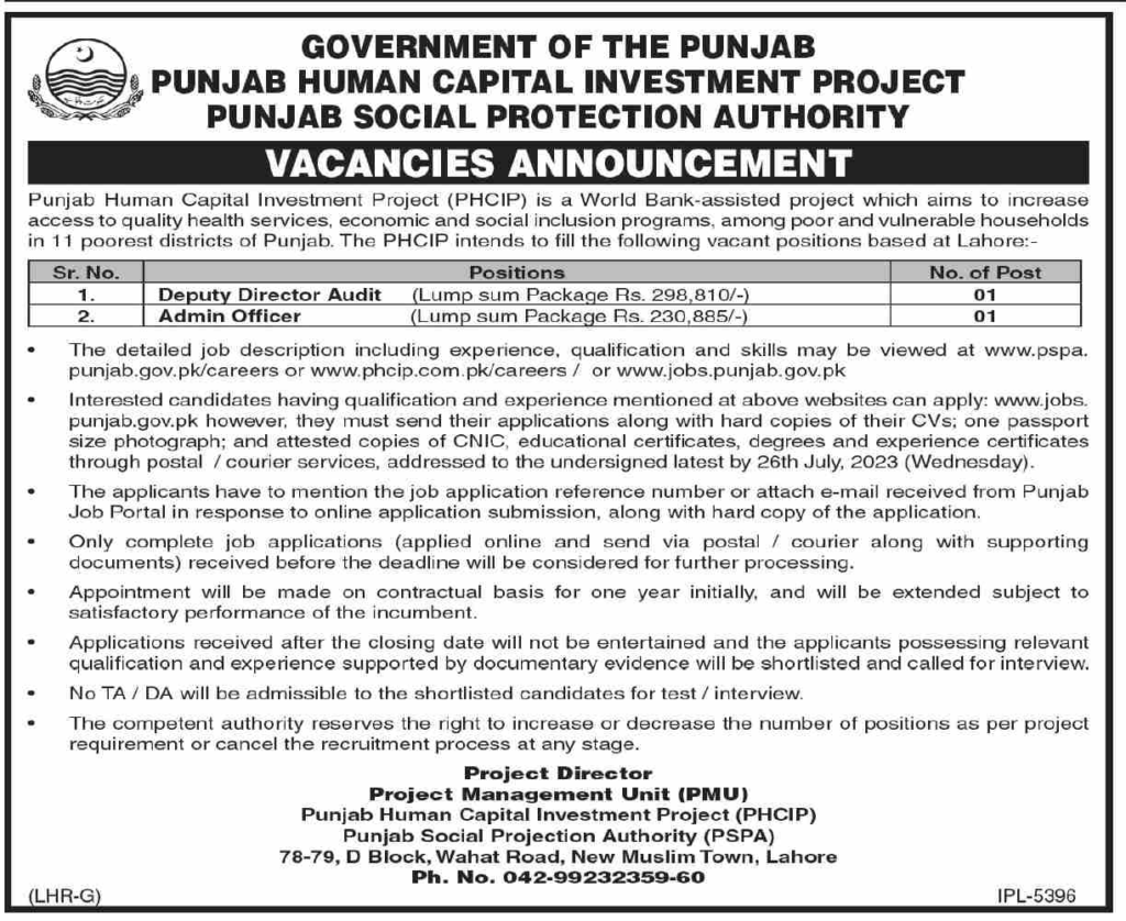 Punjab Human Capital Investment Project Government Jobs July 2023 Apply Now