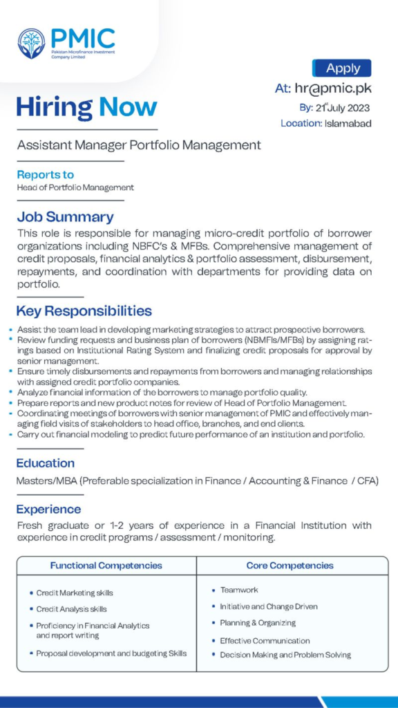 Pakistan Microfinance Investment Company (PMIC) Jobs July 2023 for Masters Apply Online