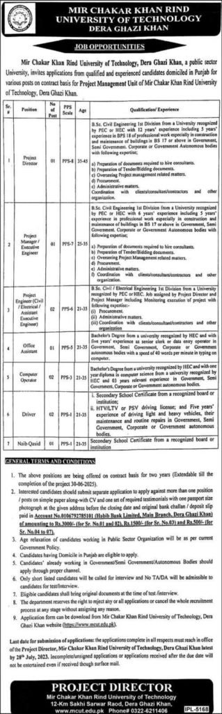 New Jobs at Mir Chakar Khan Rind University of Technology (MCKRUT) DG Khan 2023