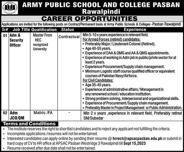 Army Public School & College Rawalpindi Jobs September 2023 Apply Now