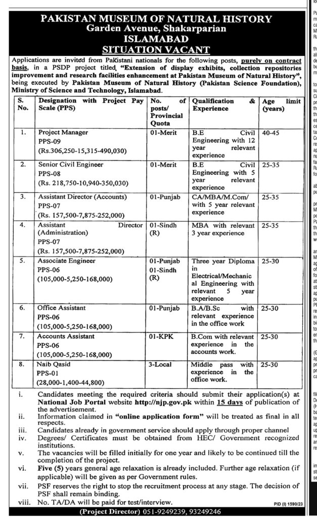 Pakistan Museum of Natural History Islamabad Jobs For Both Male & Female Apply Now