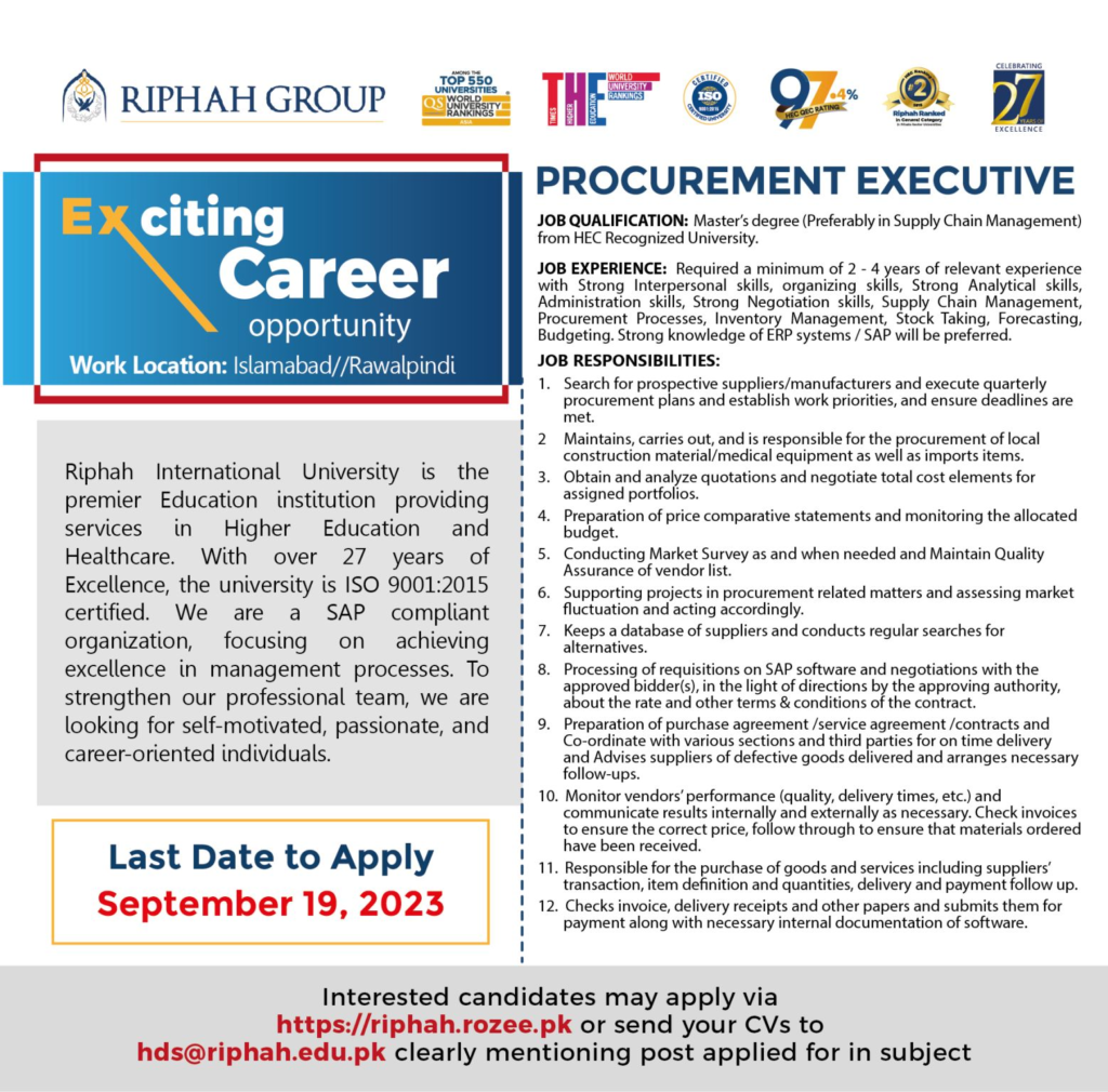 Ripha Group Jobs for Master as Procurement Executive Apply Now