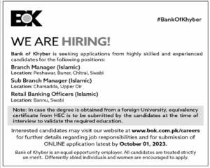 Bank of Khyber Jobs In Both Male & Female can Apply