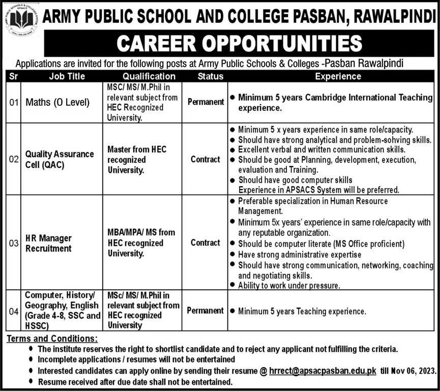Army Public School College Rawalpindi Jobs Nov 2023 Apply Now