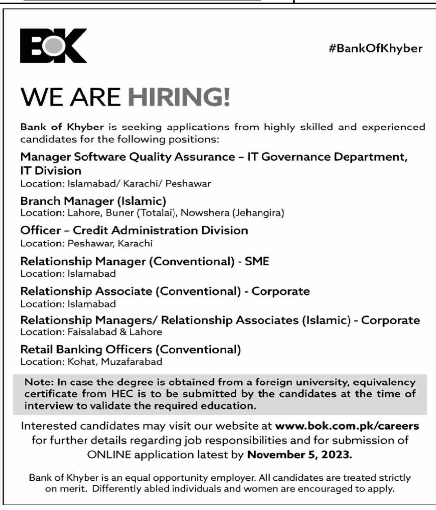 Bank of Khyber BOK Jobs Oct-2023 Apply Online Now