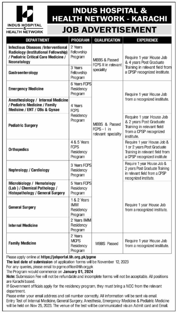 Indus Hospital Health Network Karachi Job Nov 2023 Apply Now Advertisement 1
