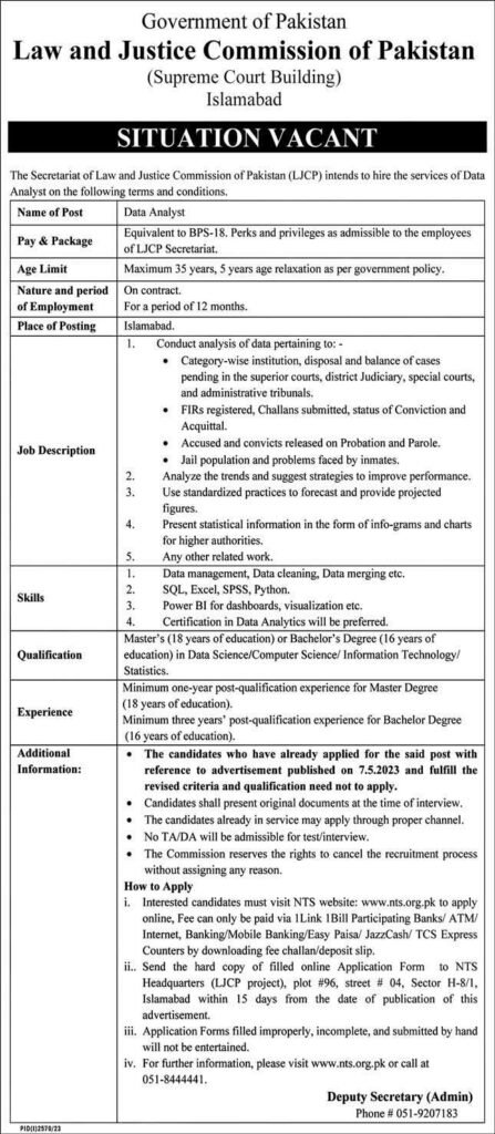 Law & Justice Commission of Pakistan Job for Data Analyst Apply Now