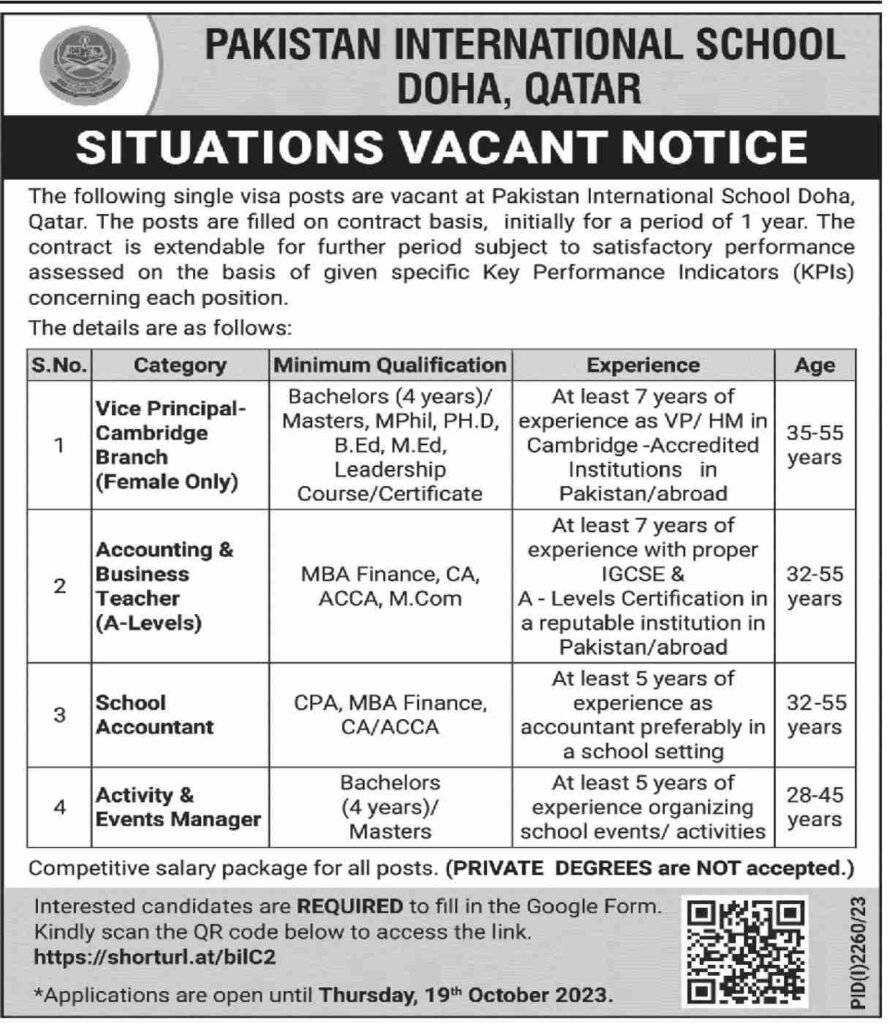 Pakistan International School DOHA, Qatar Jobs Oct-2023 Apply Now