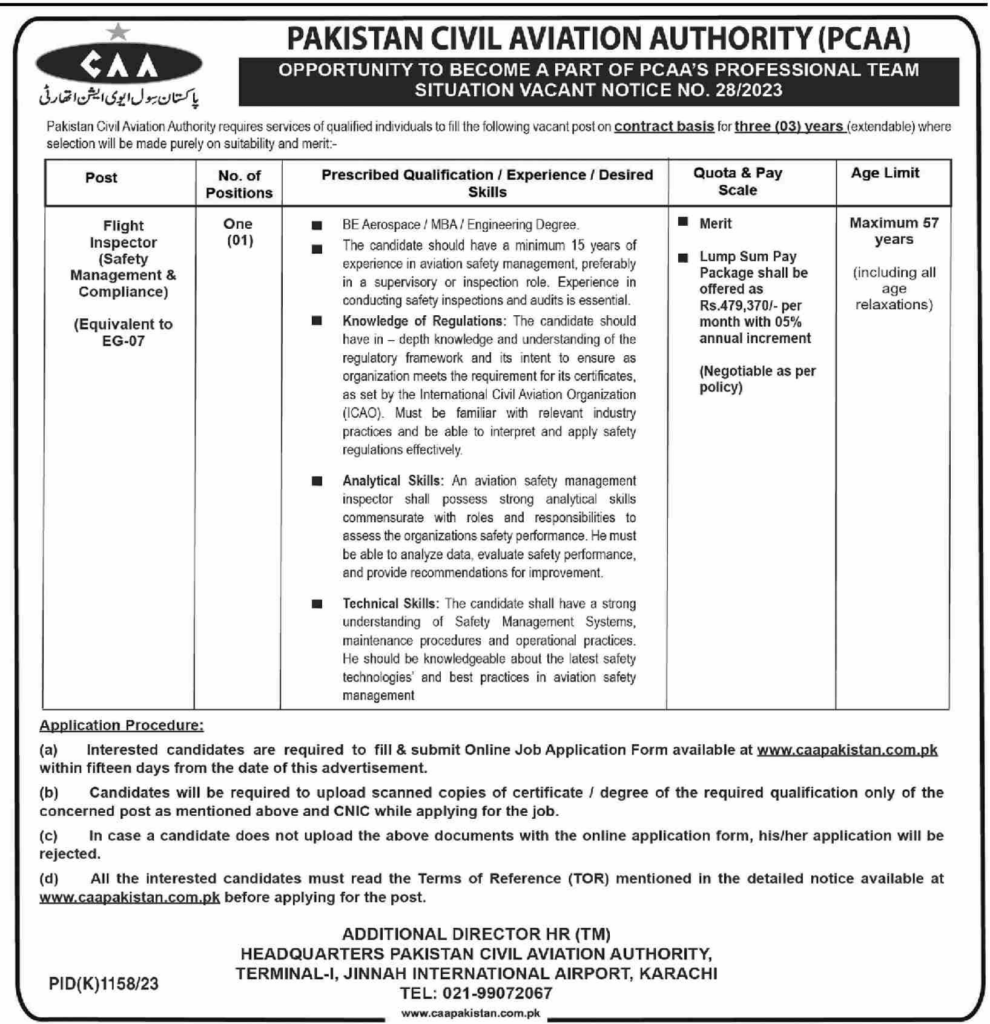 Pakistan Civil Aviation Authority (PCCA) Jobs Oct-2023 Apply Now