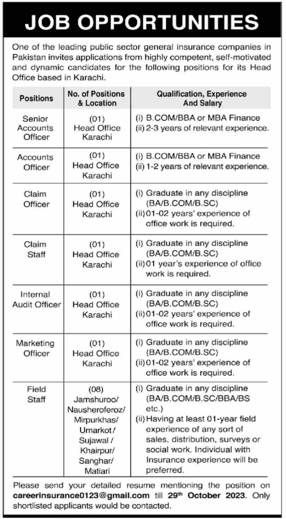 Leading Public Insurance Company Jobs Oct-2023 For Bachelors Pass Both Male & Female Can Apply