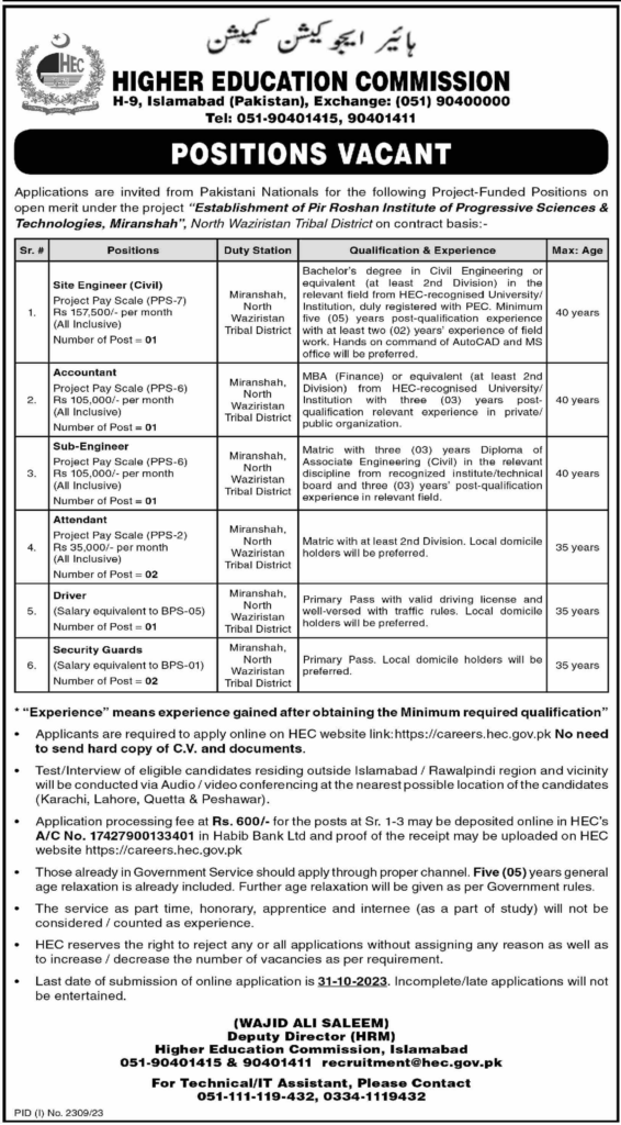 Higher Education Commission Jobs Oct-23 For Multiple Positions Apply Now Salary 35,000 to 150,000