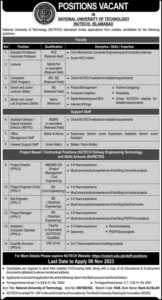 National University of Technology (NUTECH) Islamabad Jobs Oct-2023 Apply Online Now