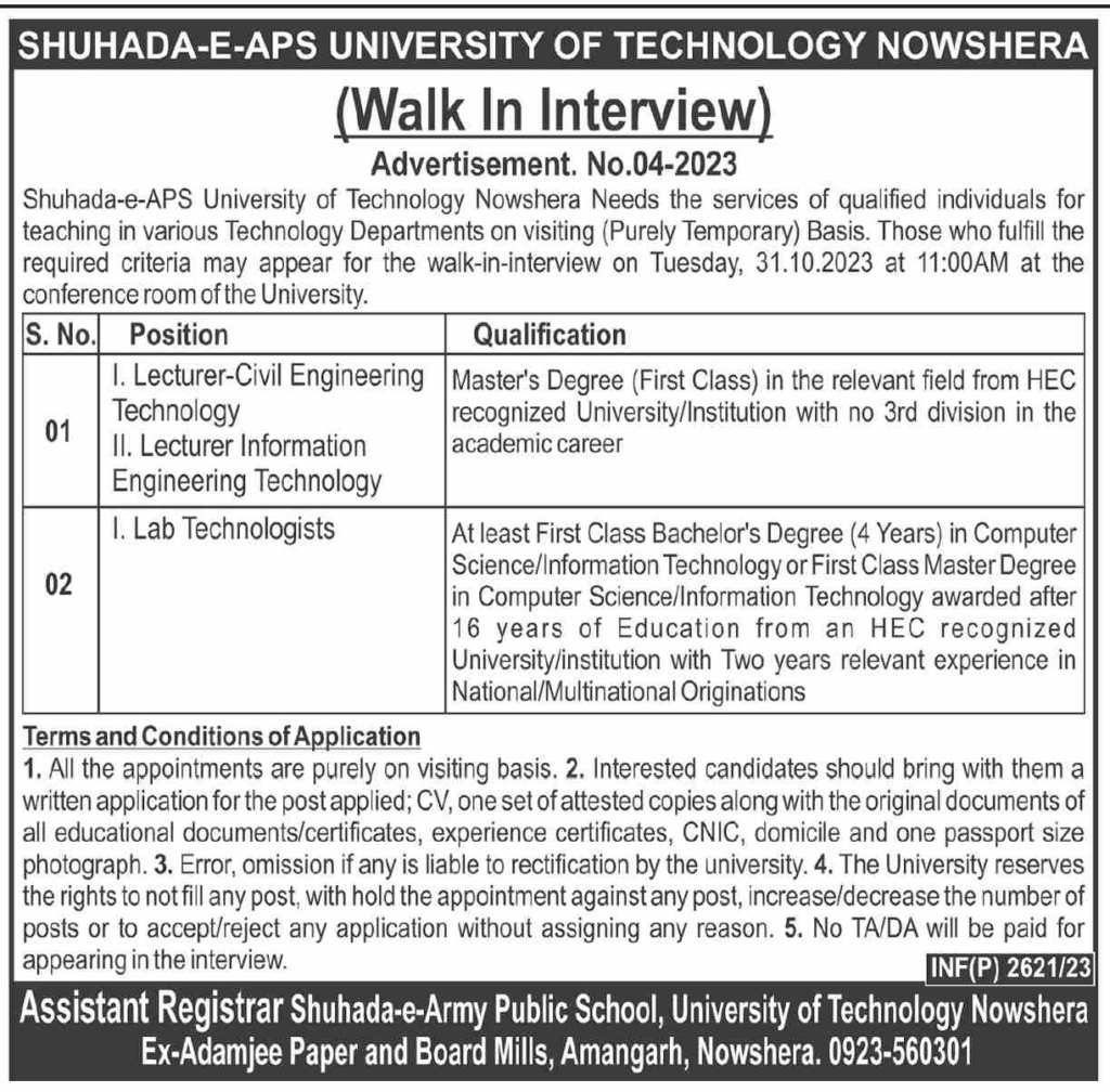 Shuhada-e-APS University of Technology Nowshera Jobs Both Male & Female Can Apply