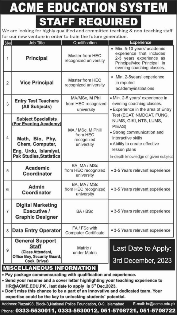 ACME Education System Jobs Dec-2023 Apply Online Now