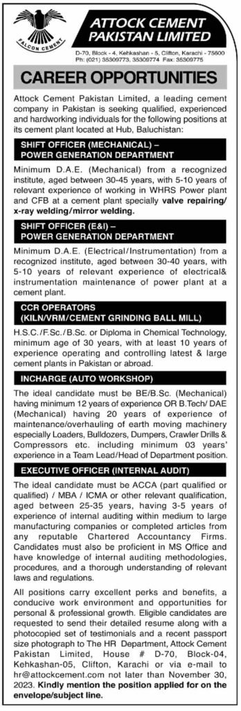 Attock Cement Pakistan Limited Jobs Nov-2023 Apply Online Now