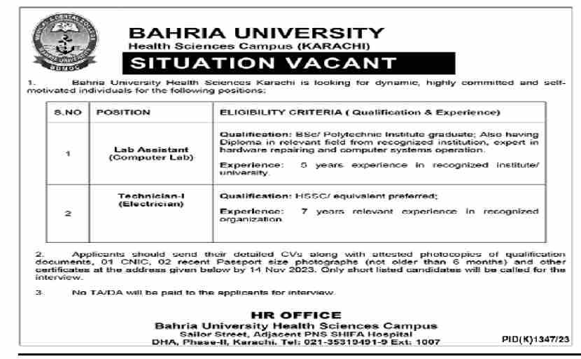 Bahria University Health Science Campus (Karachi) Jobs Nov-2023 Apply Now